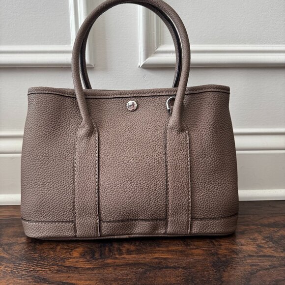 Leather Handbag Small Tote Taupe Silver Horse Carriage Taupe Logo - Picture 2 of 9